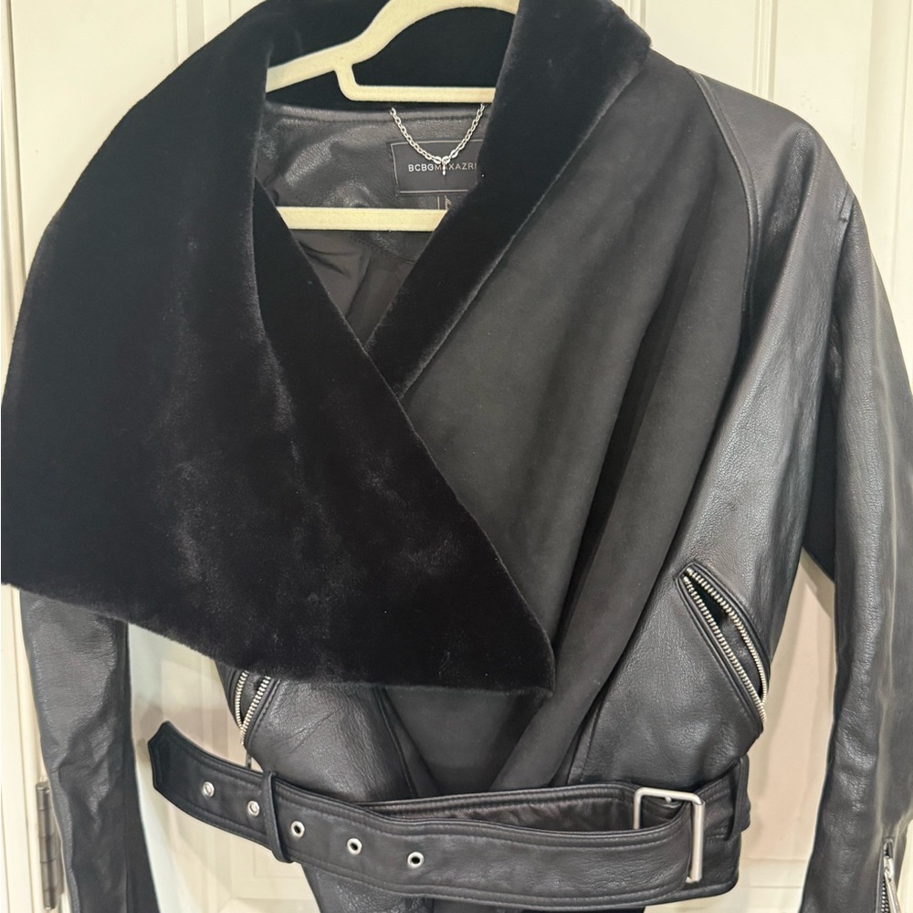 BCBGMaxAzria Black Leather Jacket with Belted Design - like new!